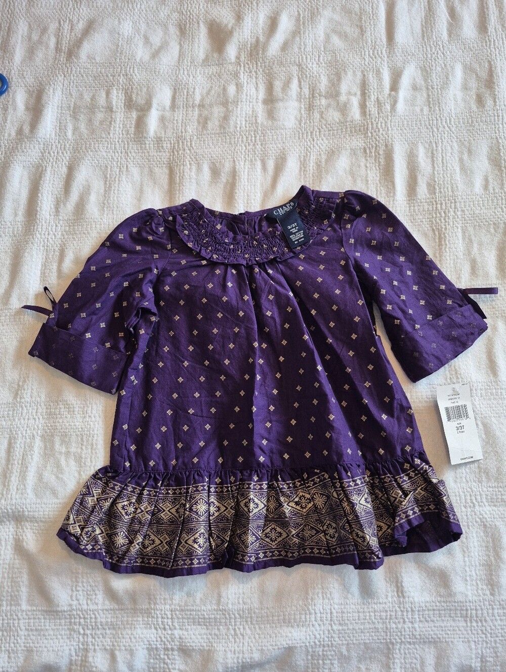 Chaps girls 3T blouse purple & gold 3/4 sleeve tear drop back closure NEW